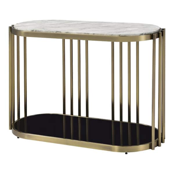 Hexalla 42.13 in. Black and Glossy White Oval Faux Marble Console Table