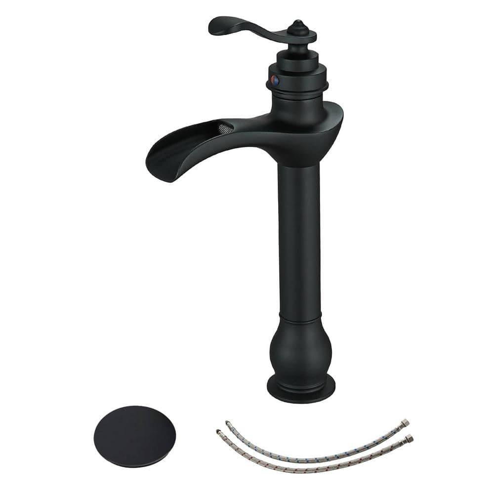 Single Handle Waterfall Bathroom Vessel Sink Faucet with Pop-Up Drain 1-Hol