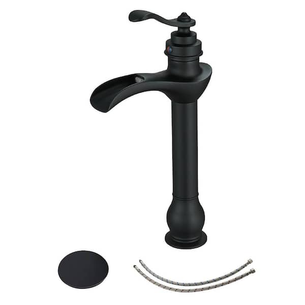 Unbranded Single Handle Waterfall Bathroom Vessel Sink Faucet with Pop-Up Drain 1-Hole High Tall Bathroom Faucet in Matte Black
