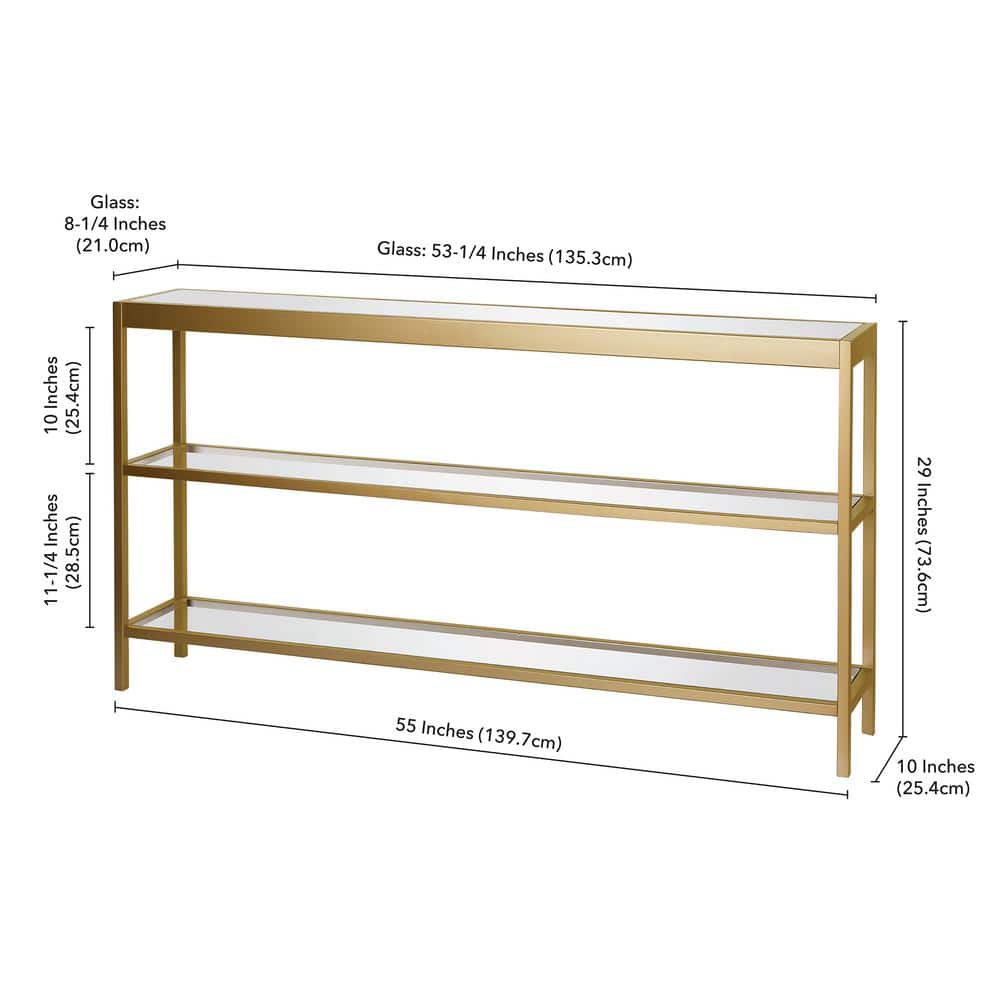 55-Inch Brass Metal and Glass Console Table with Storage