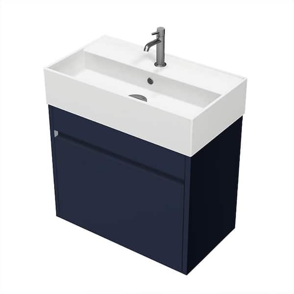 Nameeks Mini 23.62 in. W x 13.39 in. D x 24.4 in. H Modern Wall Mounted Bathroom Vanity in Night Blue with White Ceramic Top