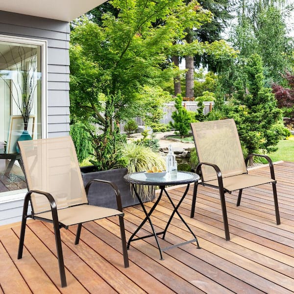 Unbranded Beige Metal Frame Outdoor Dining Chair with Armrest for Garden, Poolside, Backyard, Set of 2