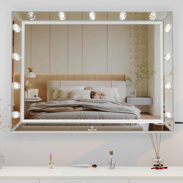 GOGEXX 40 in. W x 30.5 in. H Framed Silver Vanity Mirror USS Bulbs Luxury Large Makeup Mirror Bedroom Makeup
