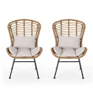 Brown Rattan Outdoor Lounge Chair with Beige Cushions (2-Pack)
