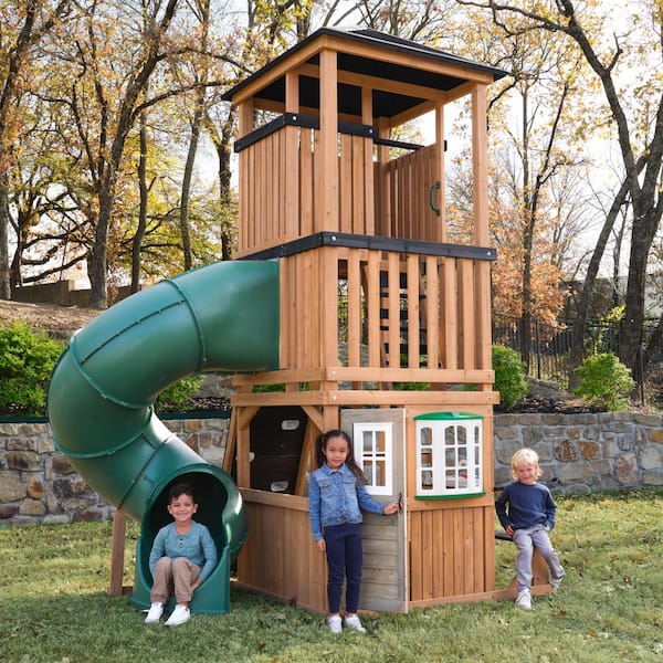 KidKraft DIY Panorama Tower Outdoor Wooden Playhouse with Tube