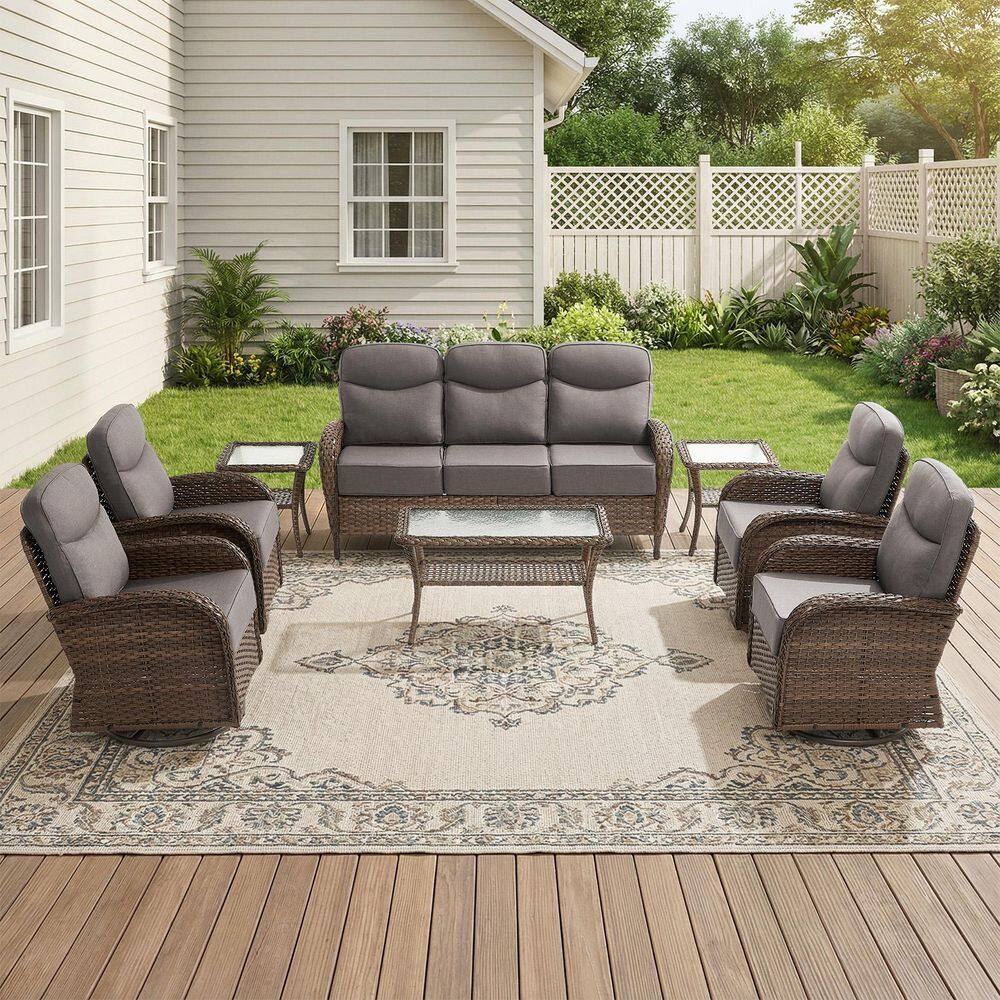 Moonridge 8-Piece Brown Wicker Patio Conversation Set with 6 in. Olefin Gray Cushions/Patio Swivel Chair with Sofa price history on PriceWatchPro