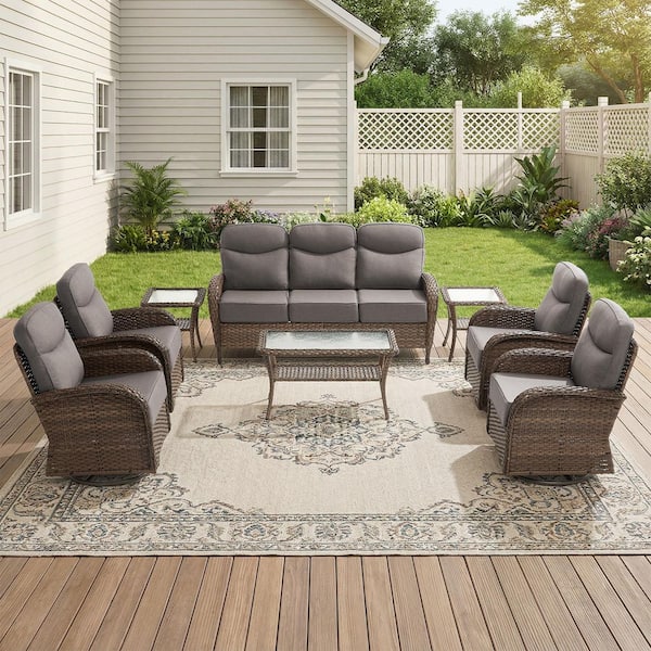 Moonridge 8-Piece Brown Wicker Patio Conversation Set with 6 in. Olefin Gray Cushions/Patio Swivel Chair with Sofa