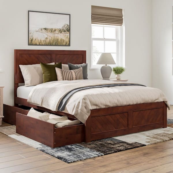 Canyon Walnut Brown Solid Wood Queen Platform Bed with Matching Footboard and Storage Drawers