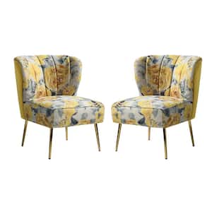 Amata Contemporary and Classic Yellow Comfy Elegant Pattern Side Chair with Tufted Back and Metal Base (Set of 2)
