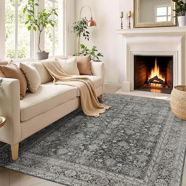 Kingston Black 6 ft. x 9 ft. Distressed Herati All Over Design Area Rug