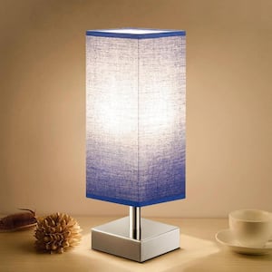 13.2 in. Silver Minimalist Small Table Lamp for Bedroom with Blue Shade