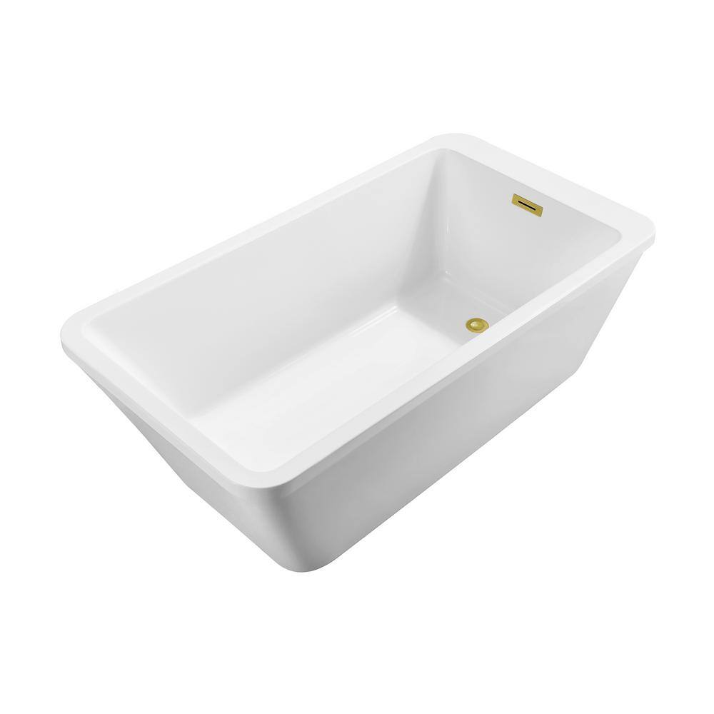 60" Glossy White Freestanding Acrylic Bathtub with Polished Gold Drain