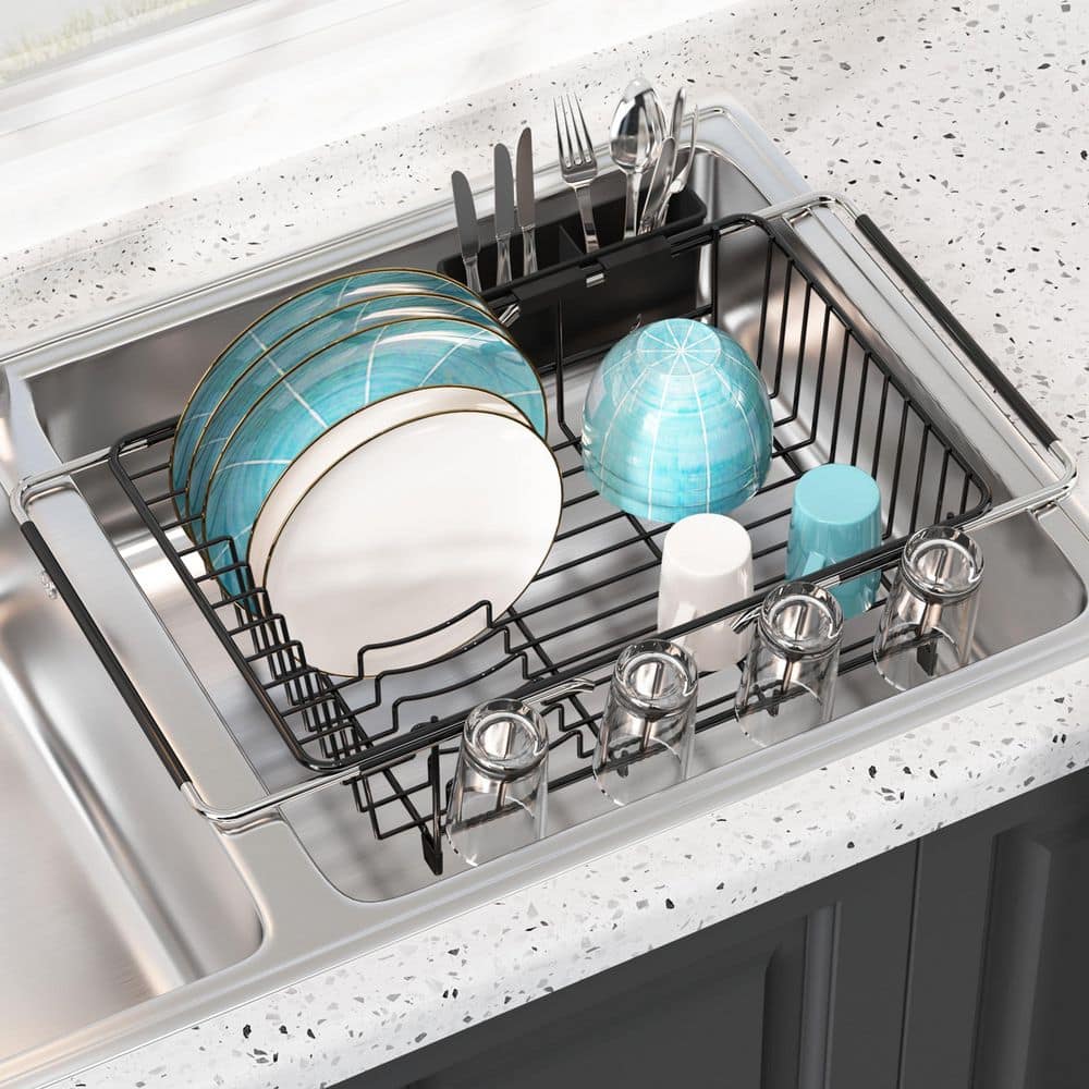 Black Expandable Over Sink Dish Rack Stainless Steel Colander