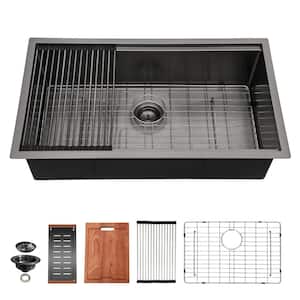 30 in. Undermount Single Bowl 16-Gauge Gunmetal Black Stainless Steel Workstation Kitchen Sink with Dish Grid, Colander