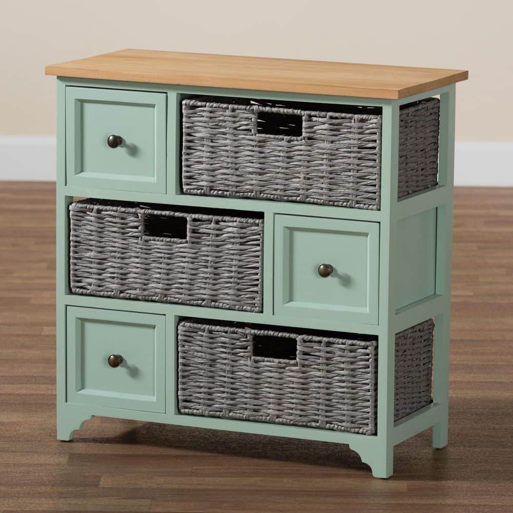 Mint Green and Oak Brown 3-Drawer Storage Unit with Wicker Baskets