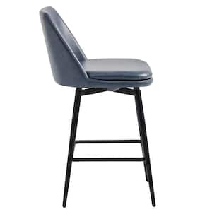 Cecily 27 in. Blue High Back Metal/Wood Swivel Counter Stool with Faux Leather Seat (Set of 2)