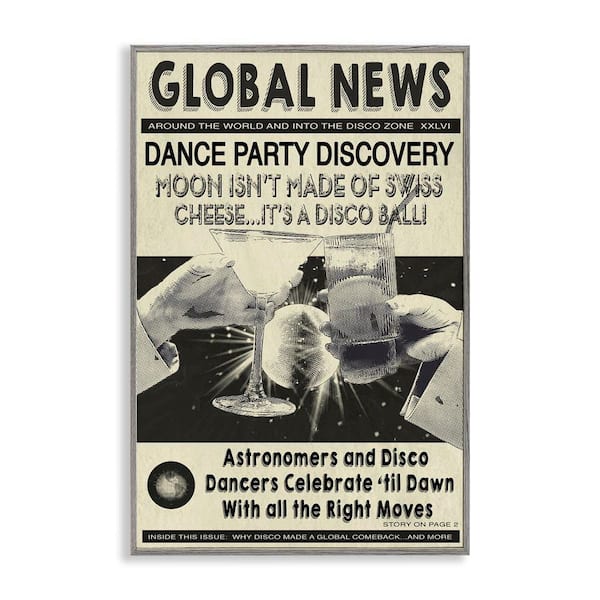 Stupell Industries Vintage Disco News Article by Graffi*tee Studios Gray Framed Music Giclee Art Print 24 in. x 16 in.