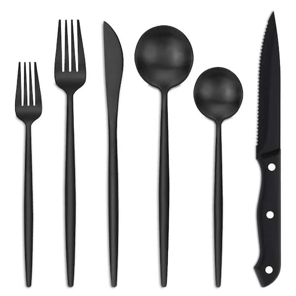 Matte Black Stainless Steel Flatware Set with Steak Knives, Forks, Spoons, Service for 4, Dishwasher Safe