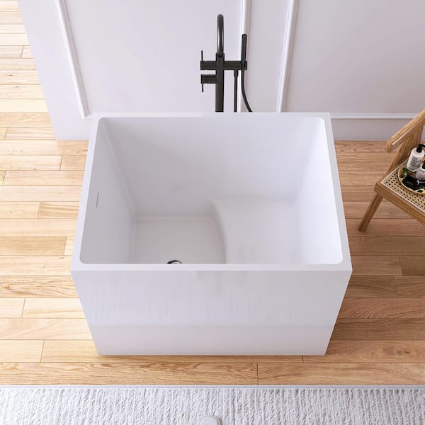 35 in. x 27.5 in. Acrylic Flatbottom Freestanding Japanese Soaking Bathtub in White with Seat