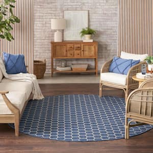 Reversible Indoor Outdoor Blue 8 ft. x 8 ft. Honeycomb Contemporary Round Area Rug