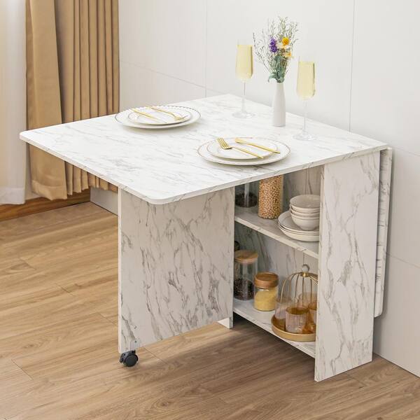 Dinaza 55.1 in. Rectangle White Marble Wood Folding Dining Dinaza 55.1 in. Rectangle White Marble Wood Folding Dining