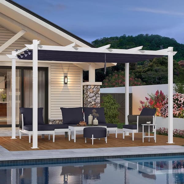 PURPLE LEAF 10 ft. x 13 ft. Navy Blue Aluminum Outdoor Retractable White Frame Pergola with Sun Shade Canopy Cover