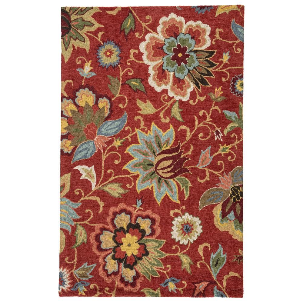 Bossa Nova Red Floral Tufted Wool Rectangular Area Rug 5'x8'