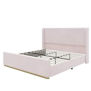 Pink Wood Frame King Platform Bed with Vertical Stripe Wingback Headboard and High Footboard