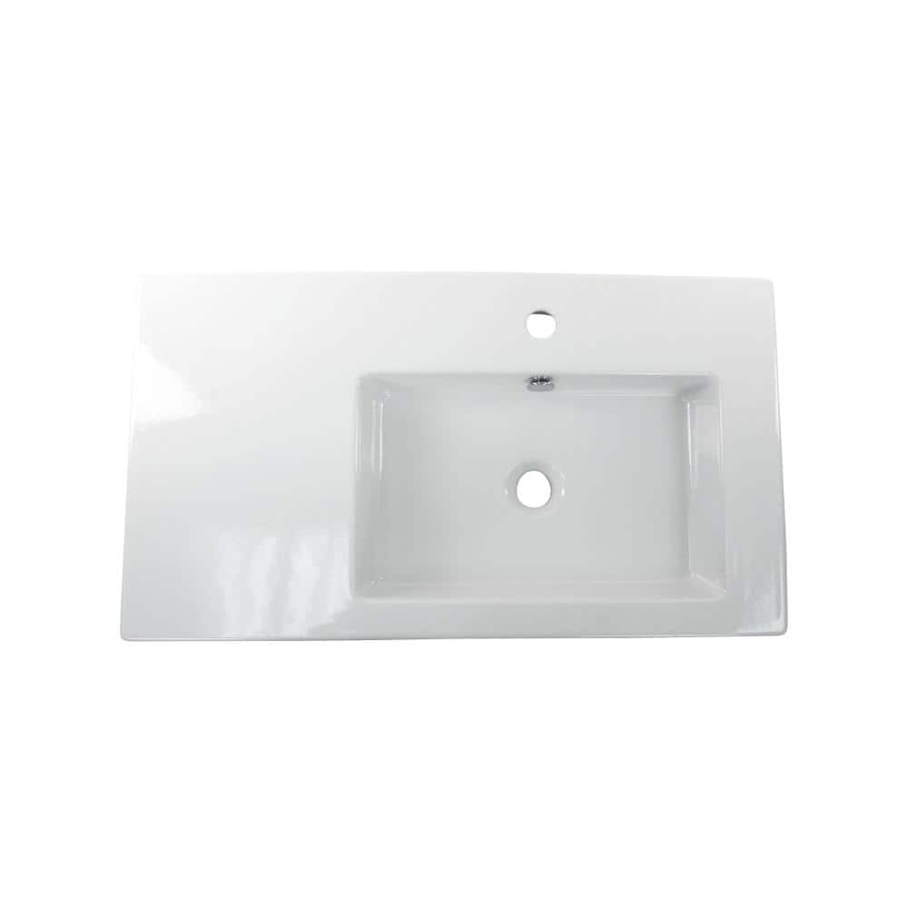 Glossy White Ceramic Wall-Mount Rectangular Bathroom Sink