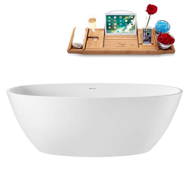 67 in. x 34 in. Acrylic Freestanding Soaking Bathtub in Glossy White with Matte Black Drain, Bamboo Tray
