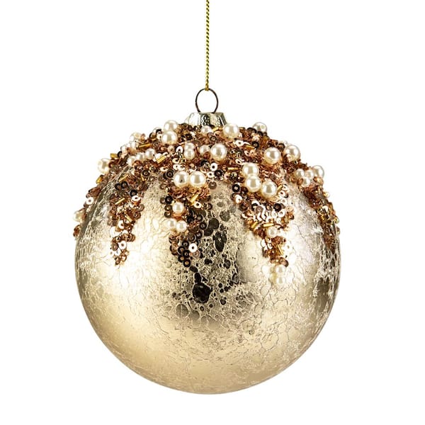 4 in. Gold Mercury Glass Style Shatterproof Christmas Ball Plastic Ornament with Beads