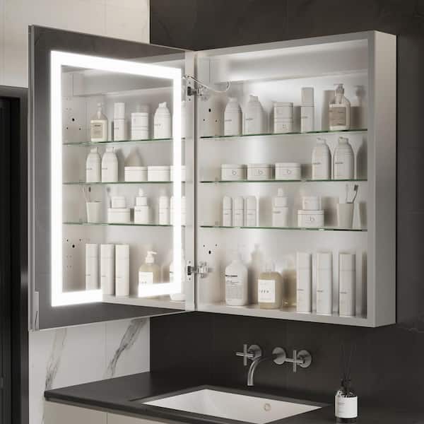 GroGro Glare 24 in. W x 30 in. H Rectangular Aluminum Recessed/Surface Mount Left Open Medicine Cabinet with Mirror LED