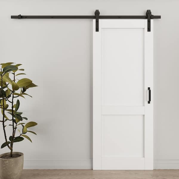 32 in. x 80 in. Paneled 2 Lite White Primed Solid Core MDF Sliding Barn Door with Hardware Kit