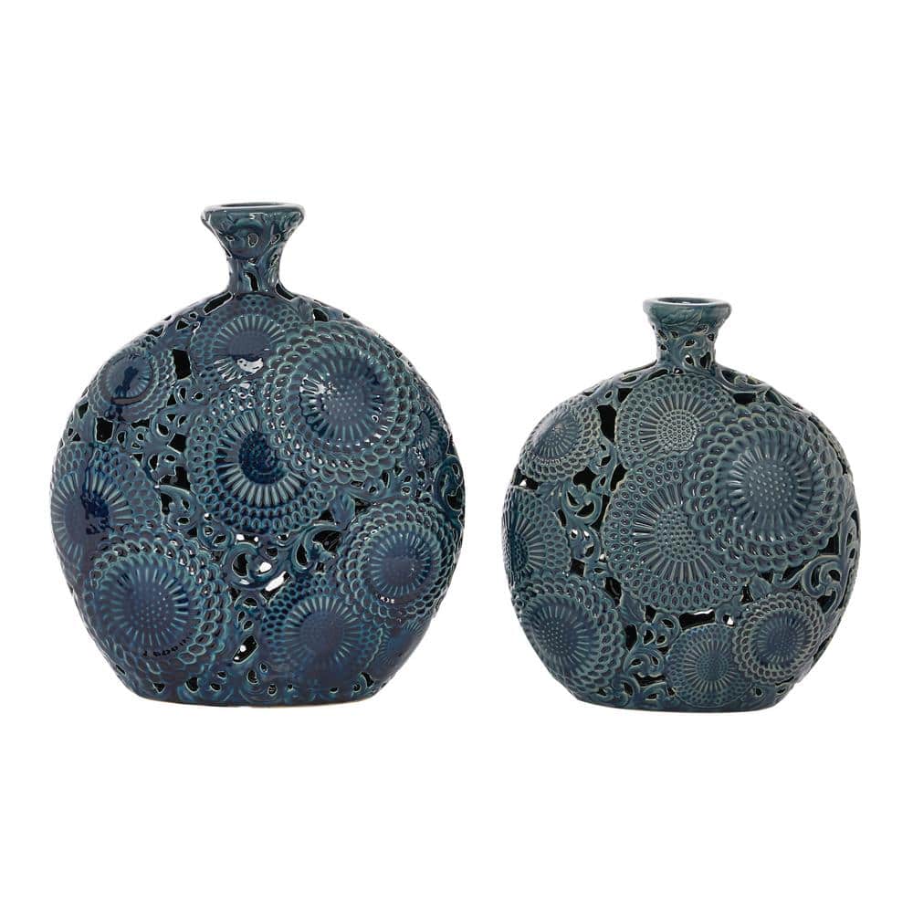 Eclectic Floral Blue Ceramic Bud Vase Set, 13" and 15.5" Height