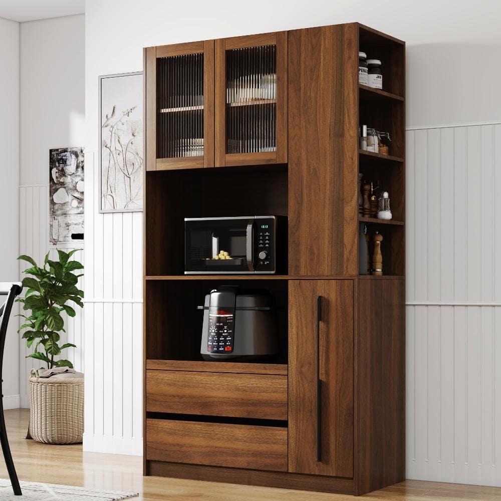 70.87" Tall Glass Door Kitchen Pantry, Pull-Out Shelves, 4-Tier Side Rack & 2 Drawers