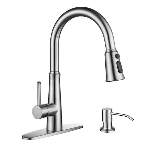 ALEASHA Single Handle Pull Down Sprayer Kitchen Faucet with Soap Dispenser in Brushed Nickel