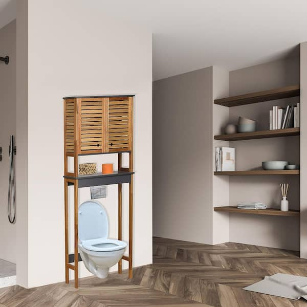 Over The Toilet Storage Cabinet Bathroom Cebu Bamboo - Black Wood, Size: 24 W x 8.8 D x 68 H, Brown