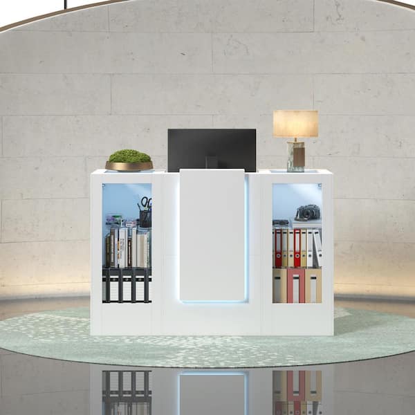 FUFU&GAGA 59.1 in. W Rectangle White Wooden Computer Desk, Writing Desk with 6 Glass Display Shelves, A Keyboard and LED Lights