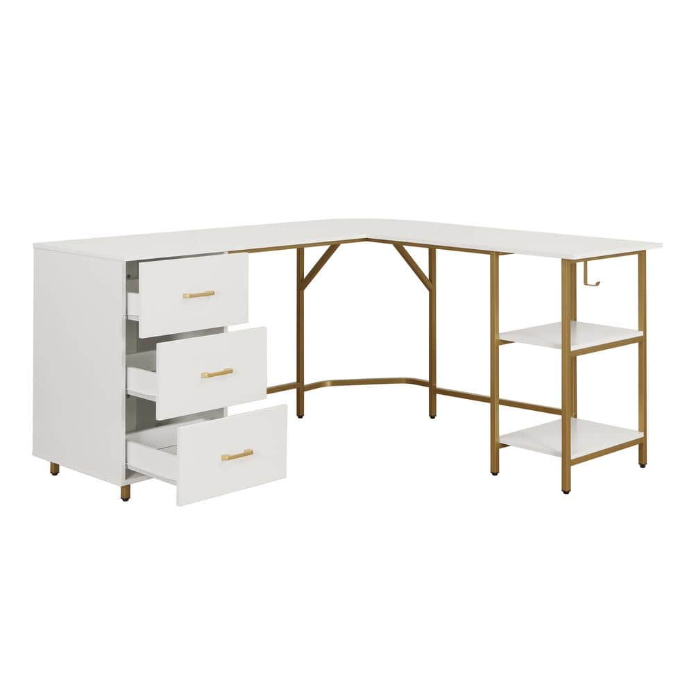Gold and White L-Shaped Computer Desk with Drawers