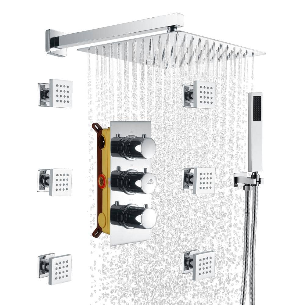 Chrome Dual Square Wall Mounted Shower System with Handheld and Body Jets