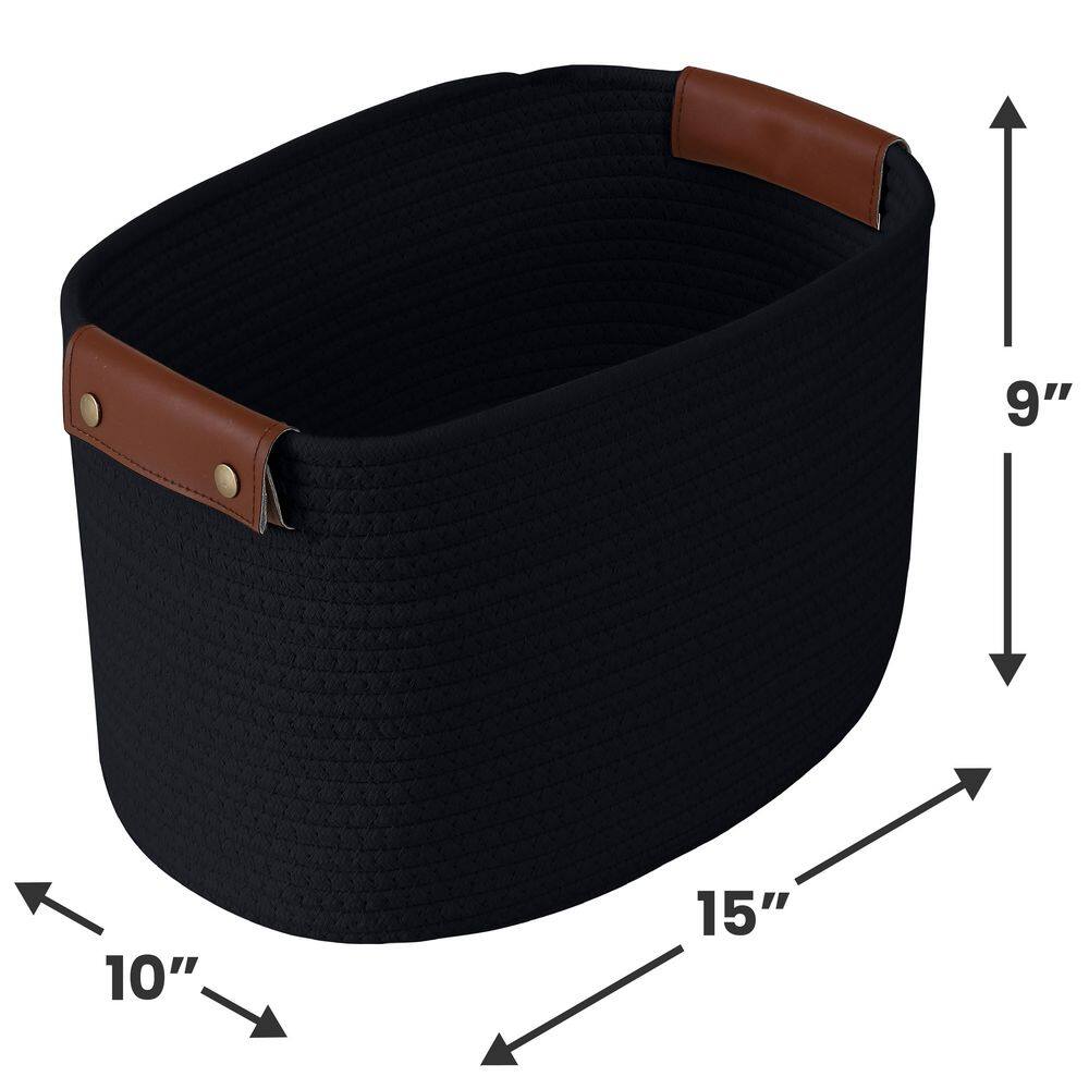 Black Cotton Rope Storage Baskets with Faux Leather Handles