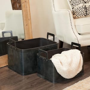 Leather Handmade Storage Basket with Handles (Set of 2)