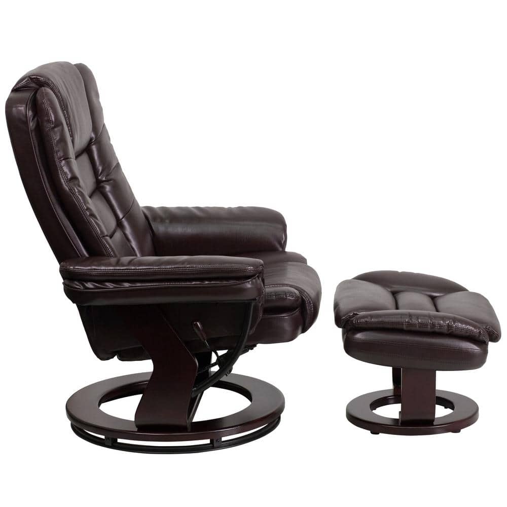 Brown Leather Swivel Recliner with Ottoman and Wood Base