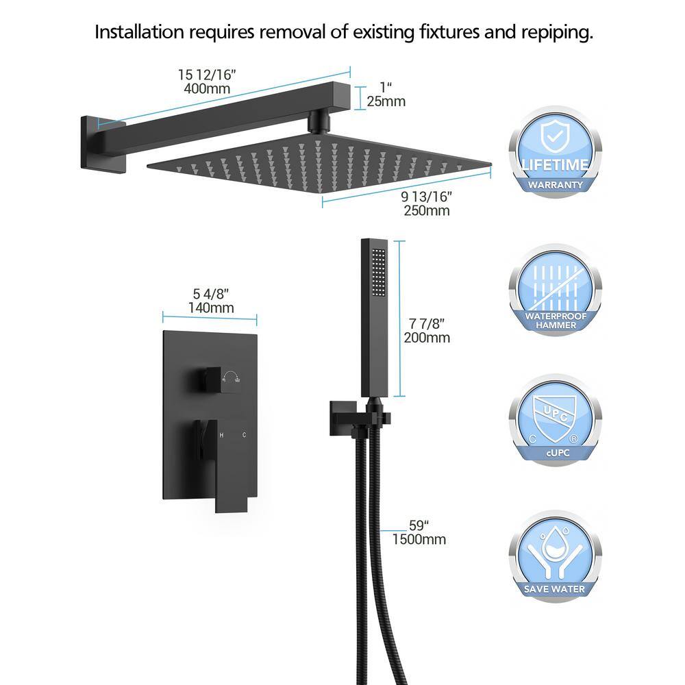 Matte Black 10-Inch Rainfall Shower System with Handheld Spray