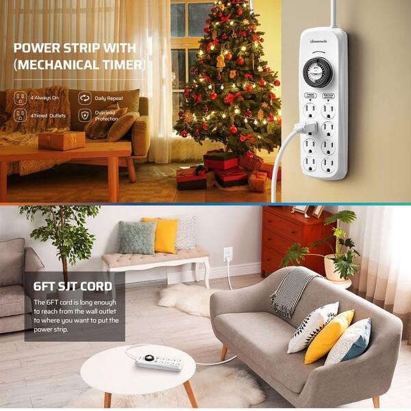 Mechanical Indoor Timer Power Strip with 8-Outlets, Countdown, Flat Plug, 6 ft. Long Cord