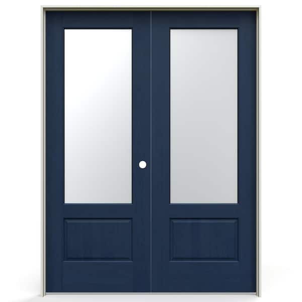 60 in. x 80 in. Left-Handed Frosted Glass Maritime Blue Solid Core Wood Double Prehung Interior Door w/ Flat Jamb