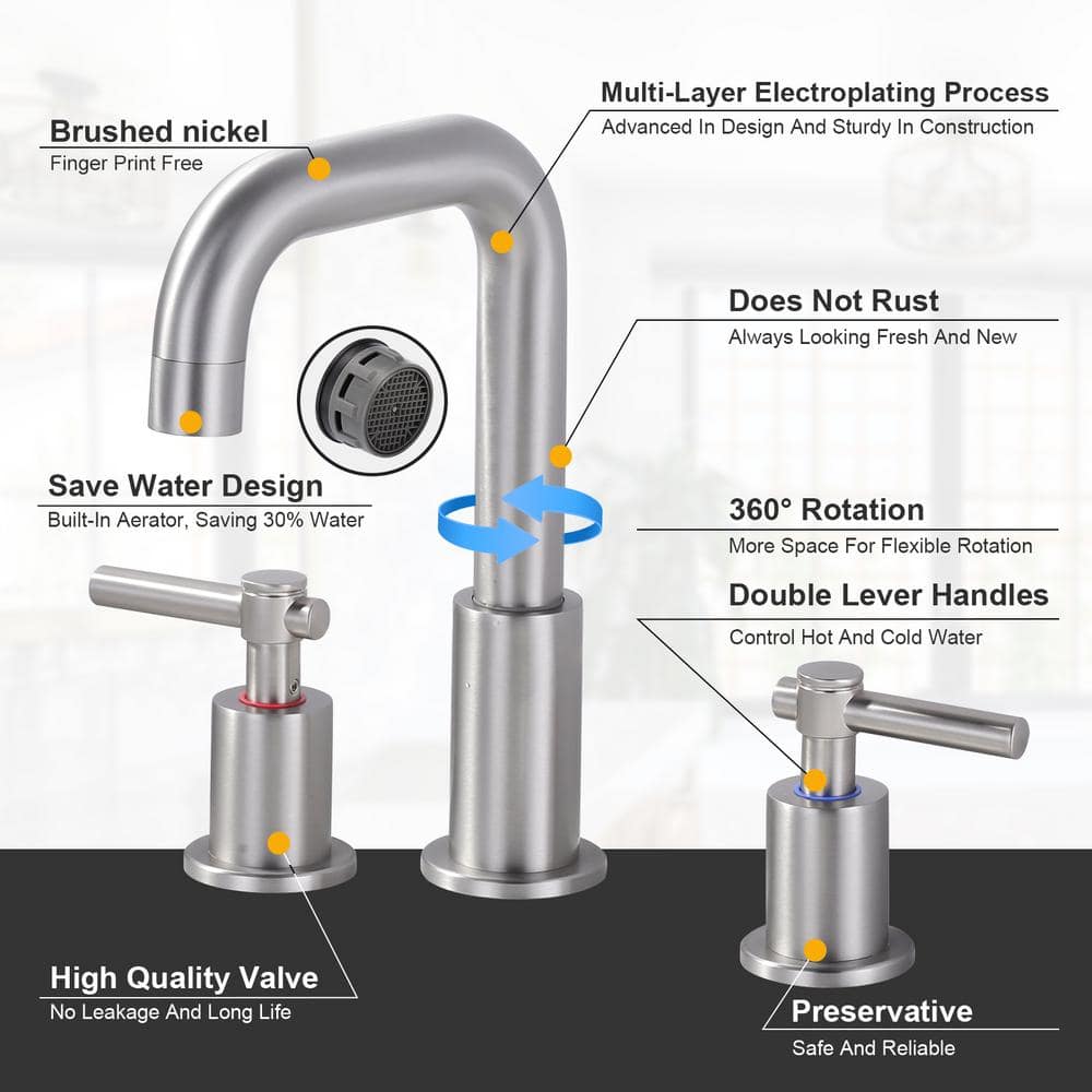 Brushed Nickel 8-Inch Widespread Double Handle Bathroom Faucet