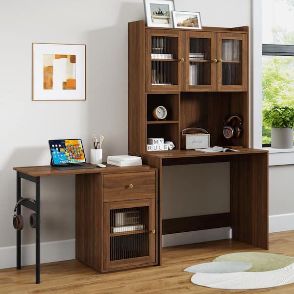 39 in. Walnut Wood 1-Drawer Computer Desk with 90 ° Rotating