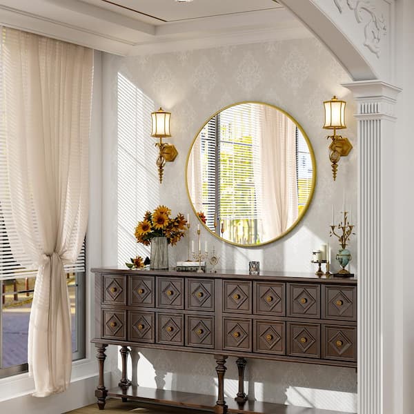 35.4 in. W x 35.4 in. H Large Round Metal Framed Wall Bathroom Vanity Mirror Gold