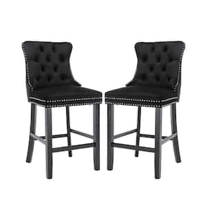 41.5 in. Black High Back Wood with Button Tufted Decoration Bar Stool with Velvet Seat (Set of 2)